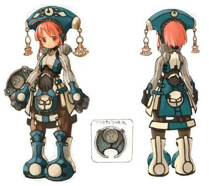 the image presents concept art of a female character, likely from a video game, shown in a front and back view. the character is stylized with a fantasy aesthetic, featuring a unique outfit that combines elements of armor and clothing. her attire includes a teal and white outfit,  large boots, and a distinctive hat with bells.  a small circular accessory is also depicted, suggesting it might be an item ingame. the art style is reminiscent of japanese rpgs, particularly hinting at the style of level5's work. the overall impression is a charming yet slightly armored character design.