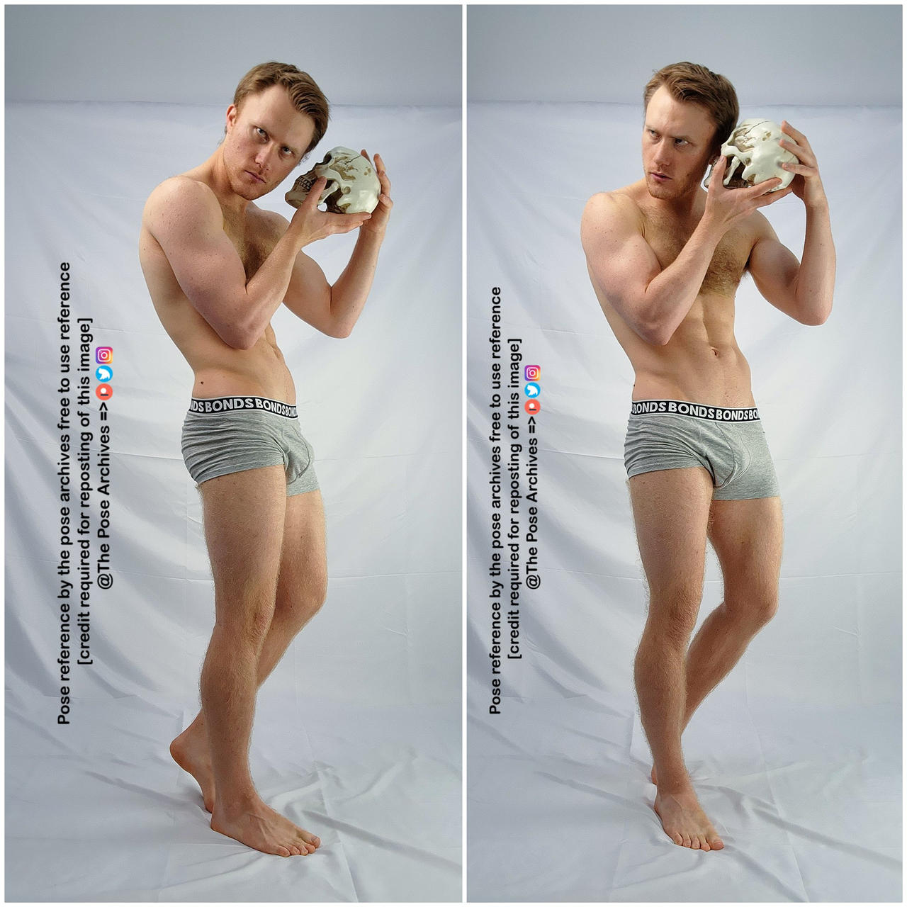 a man in grey underwear is posing with a skull in two different poses against a white background in a studio setting.