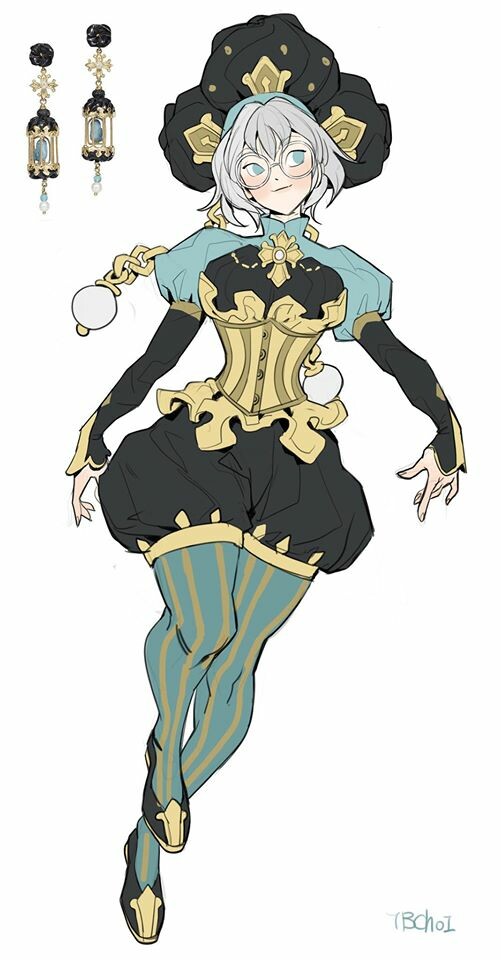 the image shows a fullbody illustration of a female anime character. she has short, white hair, glasses, and is wearing a unique outfit that blends steampunk and victorian elements. her outfit includes a large black hat with gold accents, a teal and gold corset, black shorts, teal and gold striped stockings, and elegant shoes. she also wears a pair of elaborate gold and teal earrings. her pose is dynamic, suggesting movement and energy. the art style is clean and detailed, with soft shading and a focus on fashion and character design. the background is white, allowing the character to be the focal point.  the style is suggestive of character design for a video game or animation.