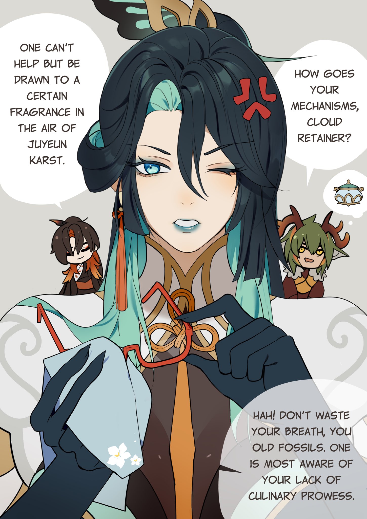 a colorful illustration of genshin impact characters ganyu, xiangling, and cloud retainer. the image depicts ganyu cleaning her glasses and looking annoyed with xiangling and cloud retainer.