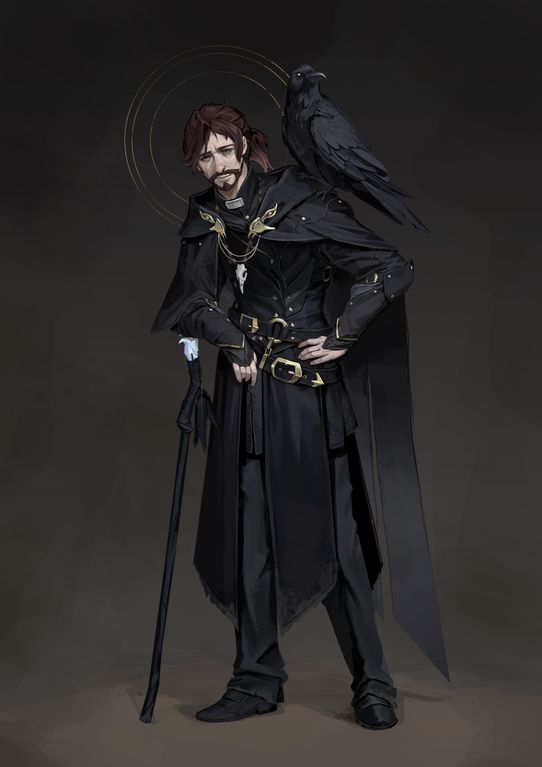 a man wearing a long black coat and a black hat with a long staff standing in front of a dark background. he is looking at the ground with a sad expression on his face. a raven is perched on his shoulder. he is wearing a black leather belt with a silver chain attached to it. he is also wearing black boots.  the image has a dark and gothic feel to it. it might be a fantasy character from a video game or a book.