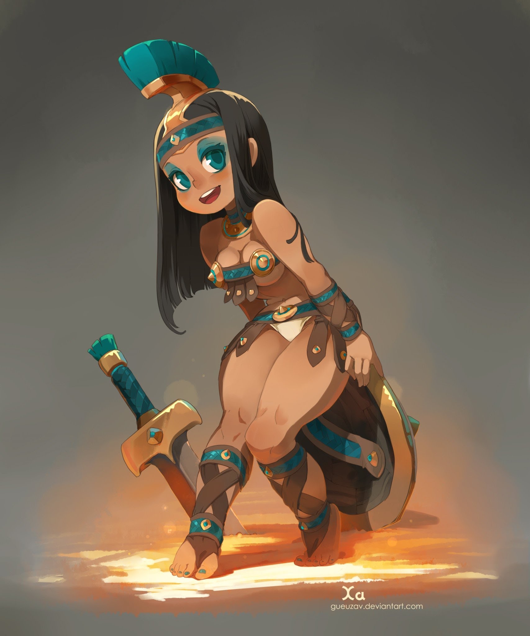this image shows an anime girl with large blue eyes, tanned skin, and black hair. she is dressed in leather armor, holding a sword and shield in her hand. she is standing on sand with a slight smile on her face. the ground is a bright orange color with light reflecting off it. the art style is very detailed and has a lot of texture.