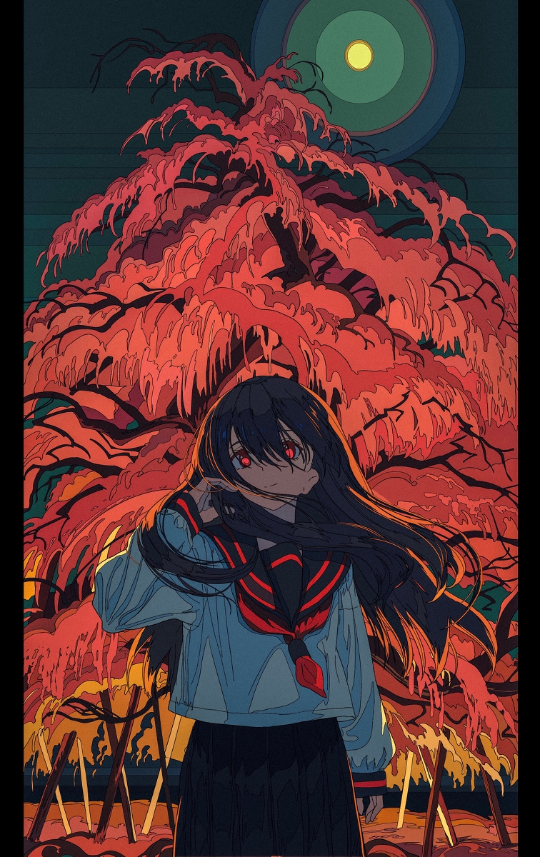 the illustration depicts an animestyle girl with long black hair and red eyes, wearing a dark blue sailor uniform. she stands before a large, stylized tree with vibrant red, almost fiery, leaves.  the setting appears to be nighttime, with a stylized, partially visible moon in the background. the overall aesthetic is dark and atmospheric, with a surreal and slightly ominous tone. the art style is highly stylized, with bold lines, flat color areas, and a unique rendering of the tree's branches and leaves. the girl’s pose and expression suggest a sense of mystery or perhaps contemplation. the background includes what seems to be a fence or series of stakes in the lower part of the image, adding to the surreal and somewhat unsettling atmosphere.
