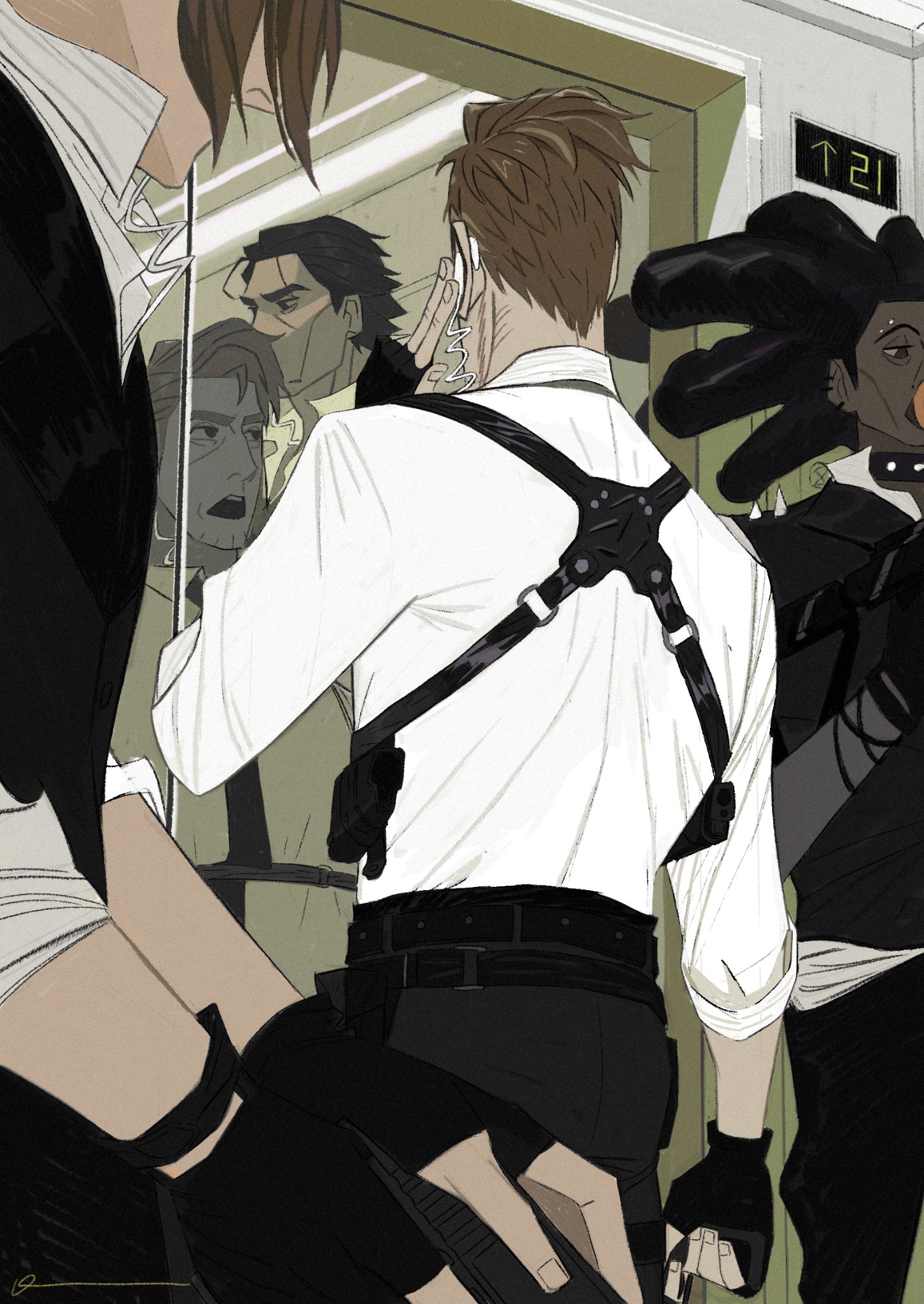 the image shows a group of men in a hallway. the man in the foreground is wearing a white shirt, black pants, and a black jacket. he has a gun holster on his shoulder. the man in the background is wearing a white shirt, black pants, and a black jacket. he is looking at the man in the foreground. there are two other men in the background. the men are all looking at the man in the foreground. the image is drawn in a manga style. the hallway is bright and has a reflection in the mirror.