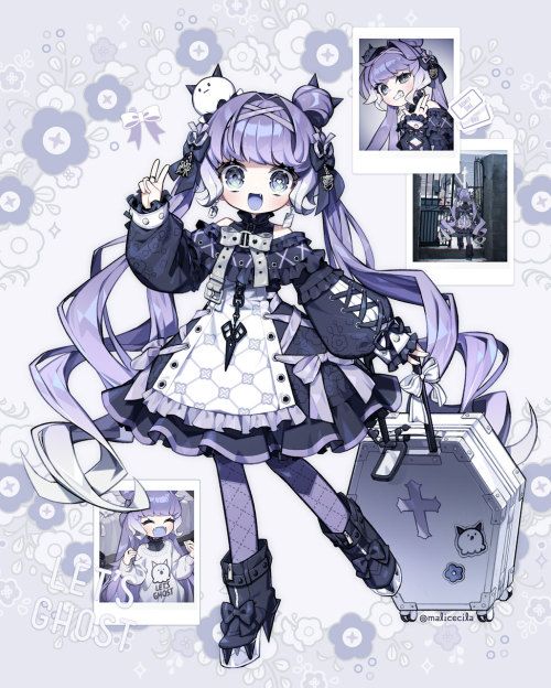 this is an animestyle drawing of a young girl with long purple hair in a gothic lolita dress.  the girl is holding up a peace sign with her left hand and the handle of a coffinshaped suitcase in her right.  there are two polaroids on either side of the figure: one shows the girl wearing a mask, and the other shows 3 shadowy figures standing inside a doorway.  the background is light purple with dark purple flowers.