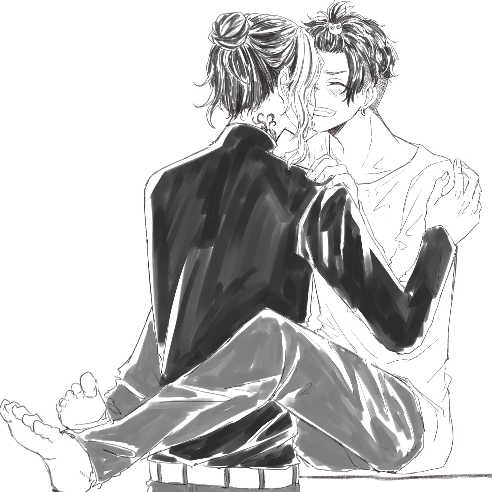 a black and white sketch of two anime boys, one with a black jacket and the other with a white shirt, hugging and kissing each other