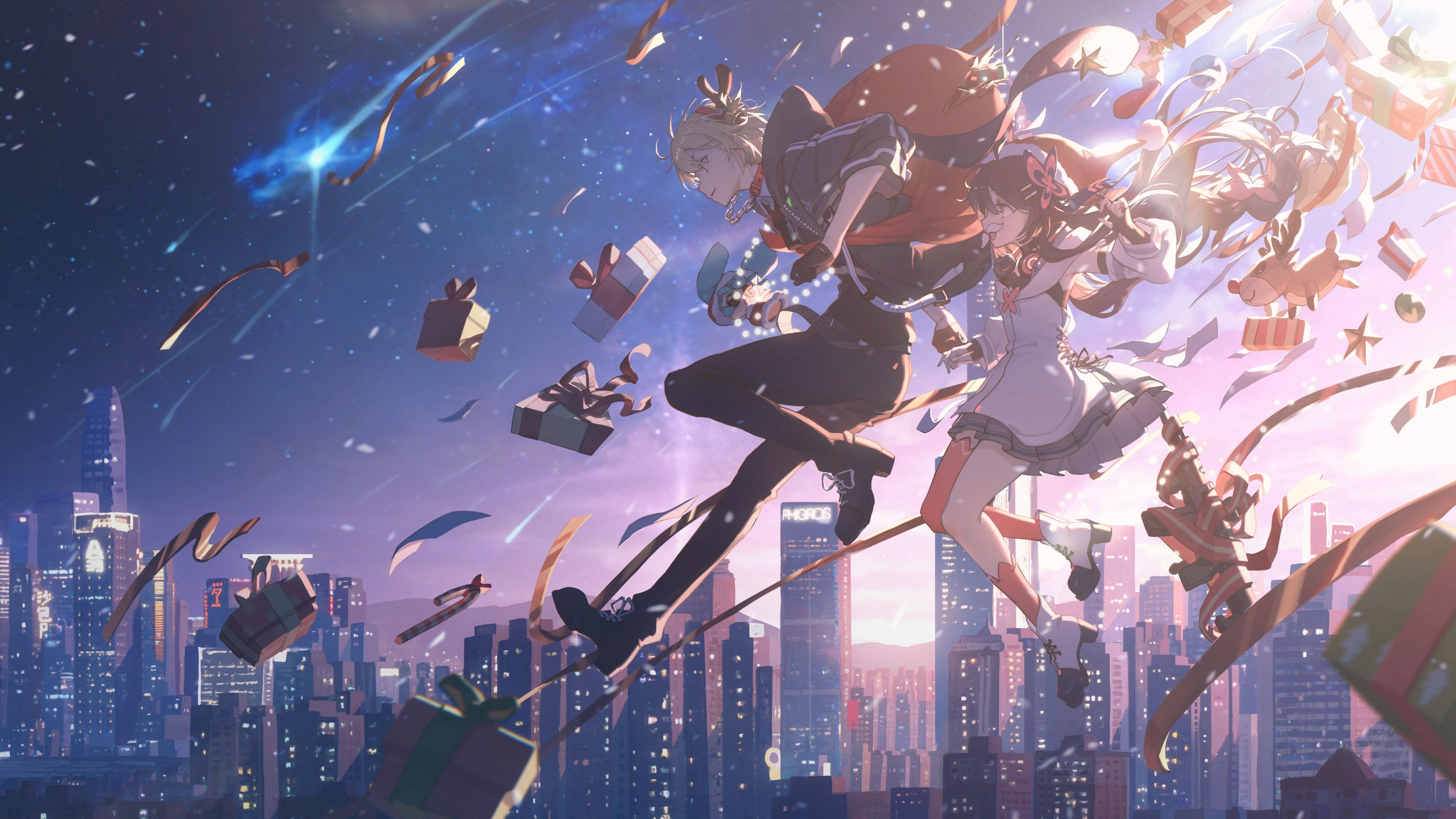 the image is a vibrant digital illustration in the anime style. two anime characters, a boy and a girl, are dynamically depicted leaping through the air over a nighttime cityscape.  they are surrounded by numerous flying presents, ribbons, and festive decorations, creating a magical and whimsical atmosphere. the setting appears to be a modern, densely populated city, similar in architectural style to hong kong, with tall skyscrapers visible in the background. the overall mood is festive and romantic, suggesting a christmas or winter holiday celebration. the artwork showcases a high level of detail and artistic skill, with the characters and background elements rendered beautifully and dynamically.  shooting stars streak across the sky, adding to the sense of wonder.