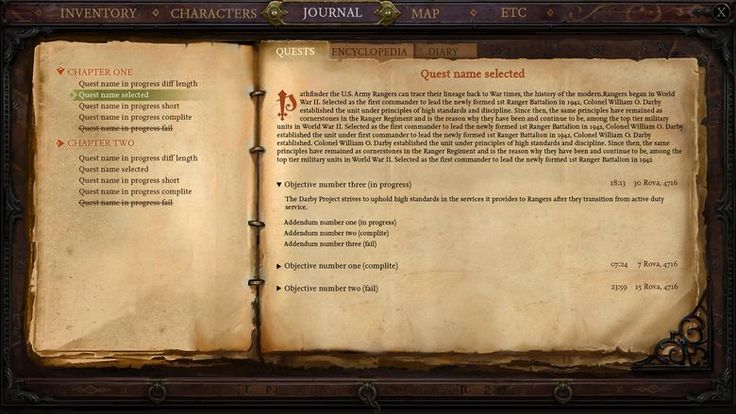 this image shows a game ui from a medievallooking rpg, featuring a journal that details the story. the journal has tabs for "inventory," "characters," "quest," "encyclopedia," "map," and "etc." the "quest" section contains the quest name currently selected as "quest name selected," with a brief description of the historical context. further down the page, there are additional tabs that include the chapter of the quest, the names of the quests, and progress. the journal has information about the game and its world, such as the us army rangers and their history in world war ii. it also includes additional objectives and the "staley project"  that aims to uphold high standards of service for veterans. the overall image is a great example of how a video game can incorporate historical information and details to enhance the player's immersion and understanding of the game world.