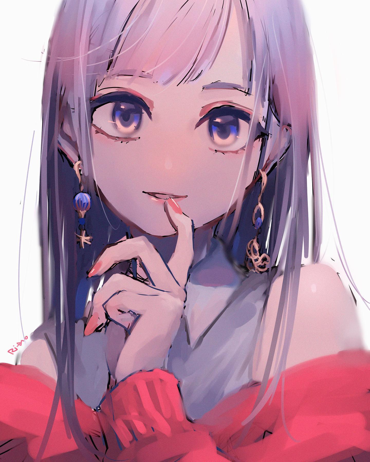 the image is a digital painting or illustration of an animestyle girl. she has long, pale purple hair,  large expressive eyes with purple and orange highlights, and is wearing a red, offtheshoulder sweater. her attire includes elegant earrings with blue and gold accents. she has a soft, dreamy expression and her finger is delicately touching her lips. the art style is soft and whimsical, with pastel colors and a painterly feel. the overall mood is cute and elegant.