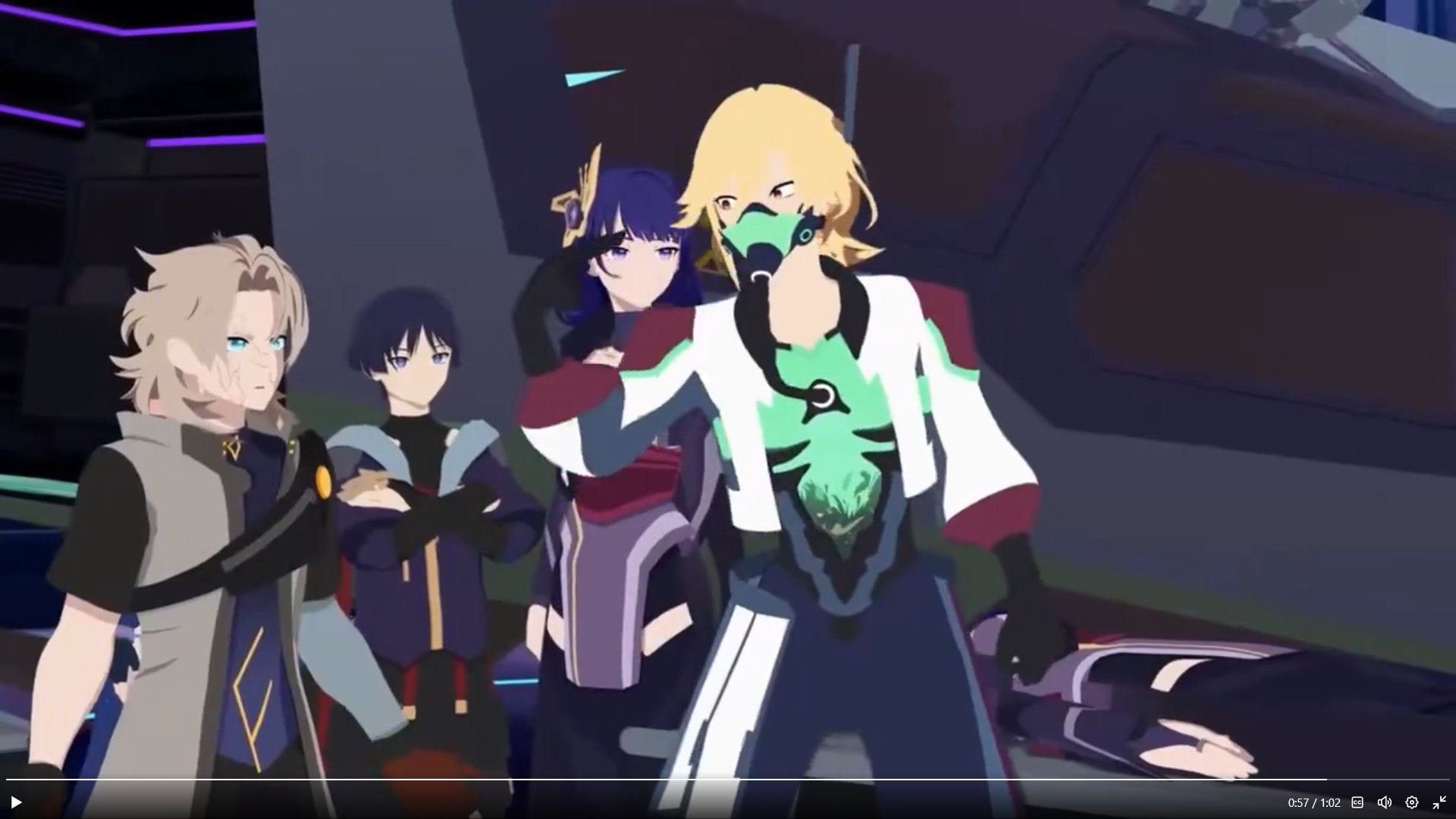 this image is a scene from an anime show. it shows four anime characters from a game, all dressed in futuristic and colorful outfits. in the front, there is a character wearing a white jacket and black pants, with a mask covering their face.  they have blonde hair and are standing in a defiant posture. next to them is a character with black hair and a blue and red outfit. the third character, a woman with dark blue hair, is wearing a red, white, and purple outfit. at the far left, is a character with blonde hair wearing a dark gray jacket. they are all looking in different directions and there is a faint sense of tension or conflict in the image.  the background of the image is futuristic and appears to be a spaceship.
