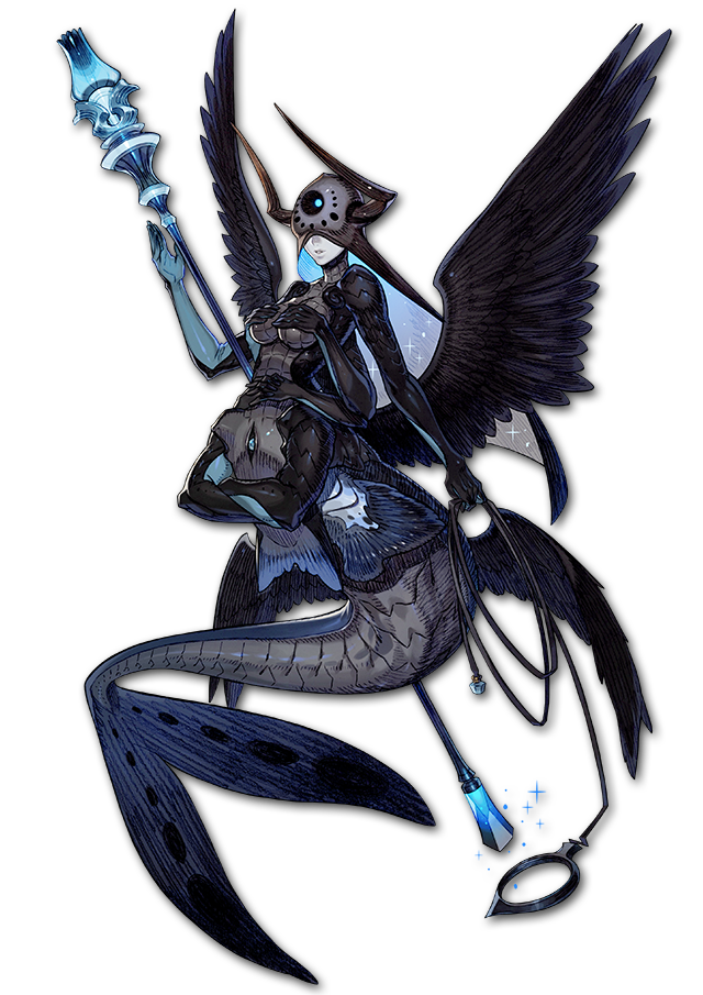 a female character with dark, feathered wings rides atop a sleek, fishlike creature. both are adorned in intricate, dark armor with glowing blue accents. the character holds a staff topped with a glowing blue orb. the background is entirely black, emphasizing the dramatic lighting on the figures.