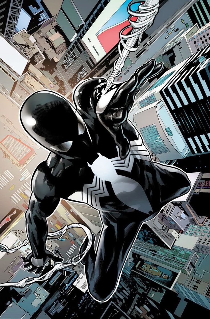a dynamic image from a comic book, featuring spiderman in his iconic black symbiote suit, swinging through a cityscape.  he's in midair, webslinging, with his arms outstretched and the cityscape blurred behind him. the art style is graphic novel, with bold lines and striking contrasts, creating a sense of energy and motion.  the image captures the action and excitement of spiderman's adventures, while showcasing the iconic look of his black suit.  the black and white color scheme adds to the dramatic feel of the illustration.