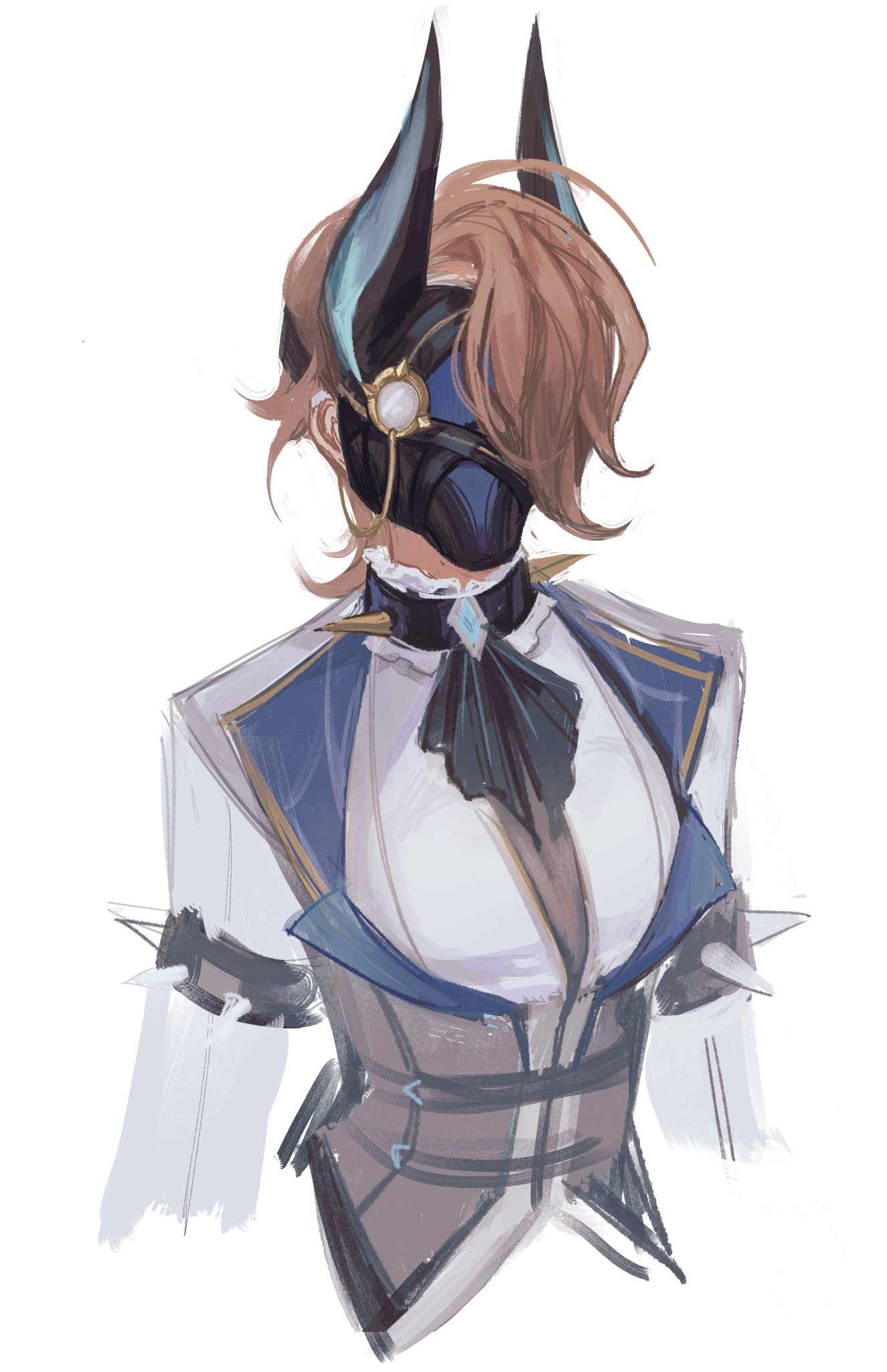 an animestyle illustration of a female character. the girl has long brown hair and is wearing a white and blue outfit with a mask that has horns on it. the art style is whimsical with loose brushstrokes. the character looks elegant and fashionable.