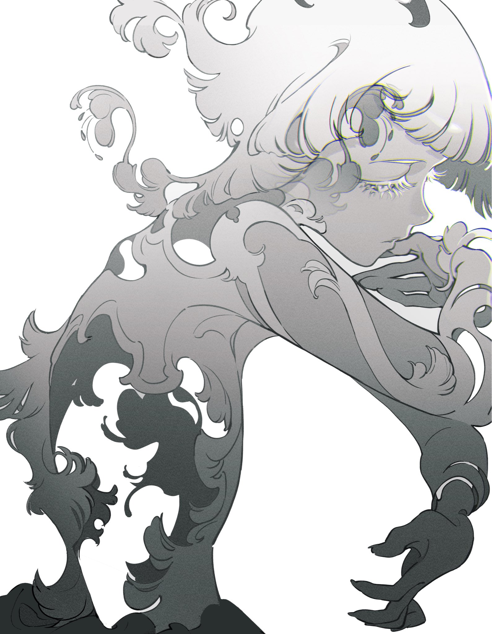 a grayscale illustration of a young woman, seemingly in despair, with her head resting on her hands. her hair is in a long, white and black style, and she is wearing a black and white dress with a intricate floral pattern. the background is white, but a shadow of her body casts a dark, abstract floral shape.