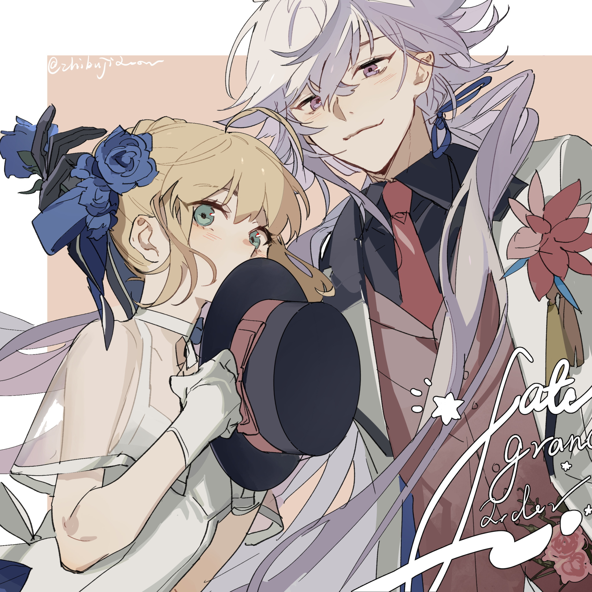 an anime style illustration featuring a blonde haired woman in a white dress and a silver haired man in a suit, likely a couple. the woman is holding a black top hat with a pink band and has blue roses in her hair with a blue ribbon. the man is wearing a white suit with a red tie and has a flower pinned to his lapel. the style suggests it is a light novel illustration. the text "fate/grand order" is stylized in the corner, indicating it is fan art. an artist signature appears in the top left corner.