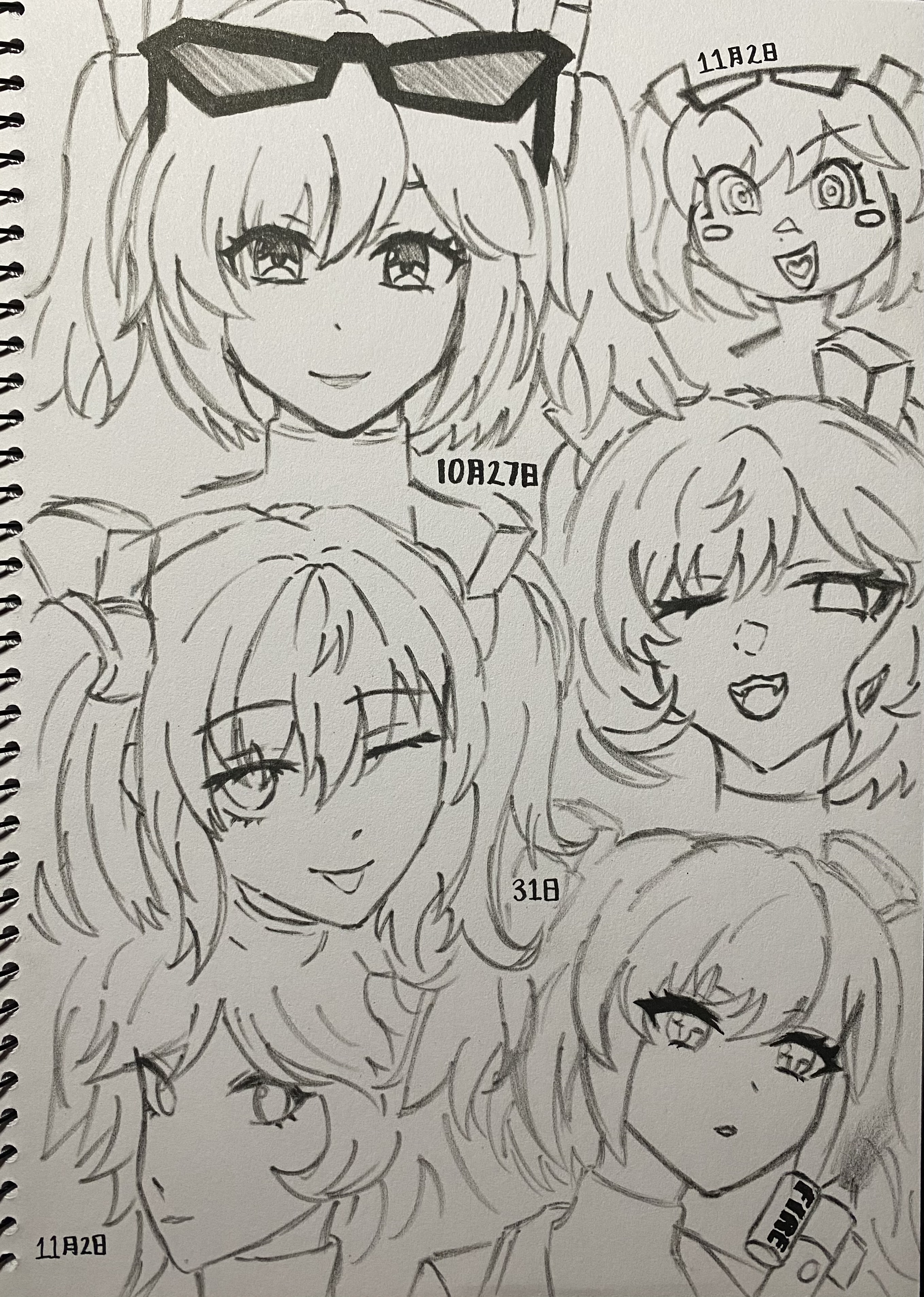 he image contains a collection of pencil sketches of animestyle female characters. each character has distinct features, hairstyles, and expressions. some are wearing sunglasses or other accessories. the sketches are arranged closely together, creating a collagelike effect.  dates are written on some sketches. one sketch shows a girl holding a "fire" labeled item. the overall style is cute and slightly chibilike.  the sketches are done in grayscale.