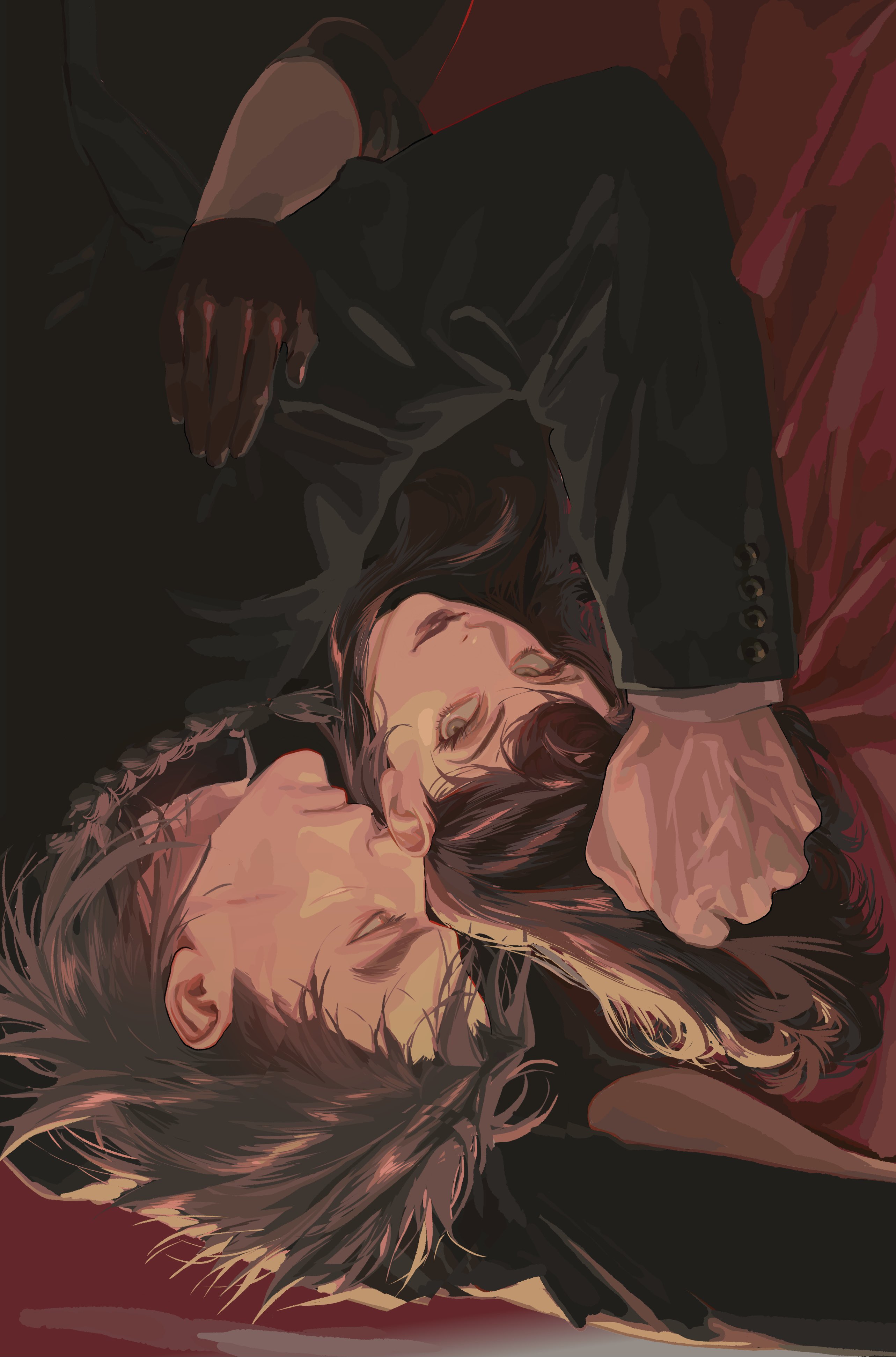 digital art depicting a couple lying down close to each other. the woman has dark hair and is wearing a black suit. the man also has dark hair. they are facing each other in a romantic and intimate pose.