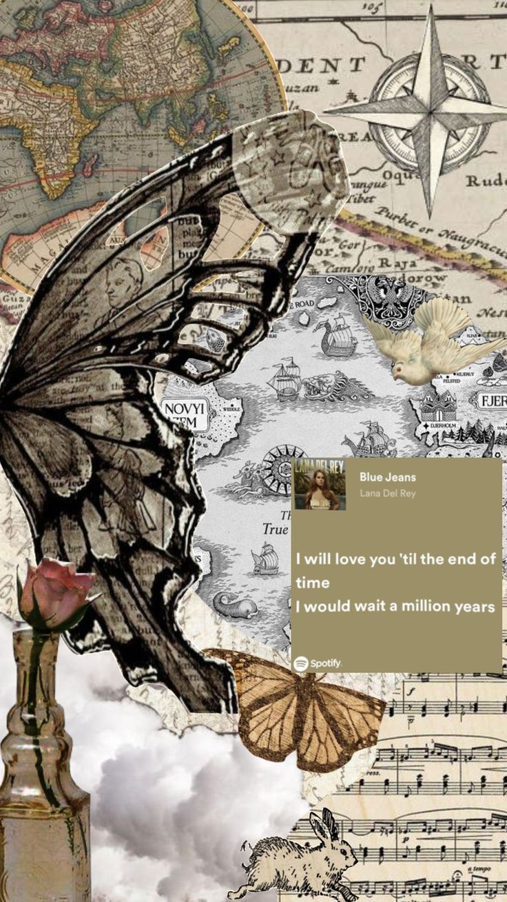 the image is a visually rich collage featuring a dominant image of dark, detailed butterfly wings overlaid on sections of an antique world map.  a compass rose is visible on the map. other elements include: a snippet of sheet music, a vintage rose in a vase, a rabbit illustration, a small bird, and a small image of lana del rey, accompanied by text referencing her song "blue jeans" and the spotify logo.  the overall aesthetic is a blend of vintage maps, dark tones, and romantic imagery, creating a scrapbooklike feel. the collage utilizes textures and colors to evoke a sense of nostalgia and oldworld charm.