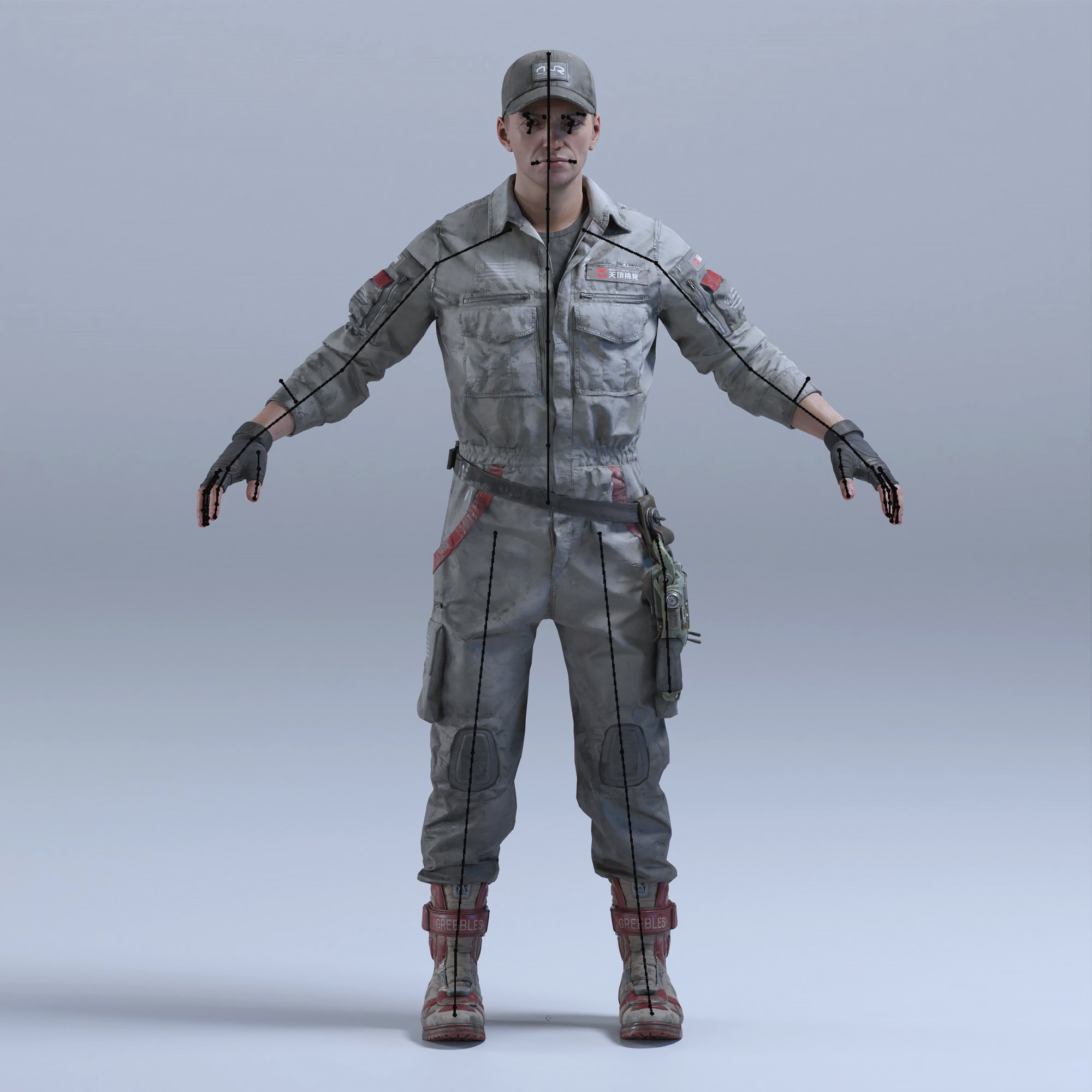 the image shows a 3d rendering of a male character model.  the model appears to be a soldier or worker in a dirty, grey, utilitarian jumpsuit, equipped with gloves and hightop combat boots. he's wearing a baseball cap.  faint lines are visible on the model suggesting rigging for animation purposes, indicating that the image is likely a reference or preview of a 3d asset.  the background is a plain, light grey, allowing the character model to be the clear focus. the pose is symmetrical and frontfacing. the overall style is realistic, with attention to detail in the texture and appearance of the clothing and gear.