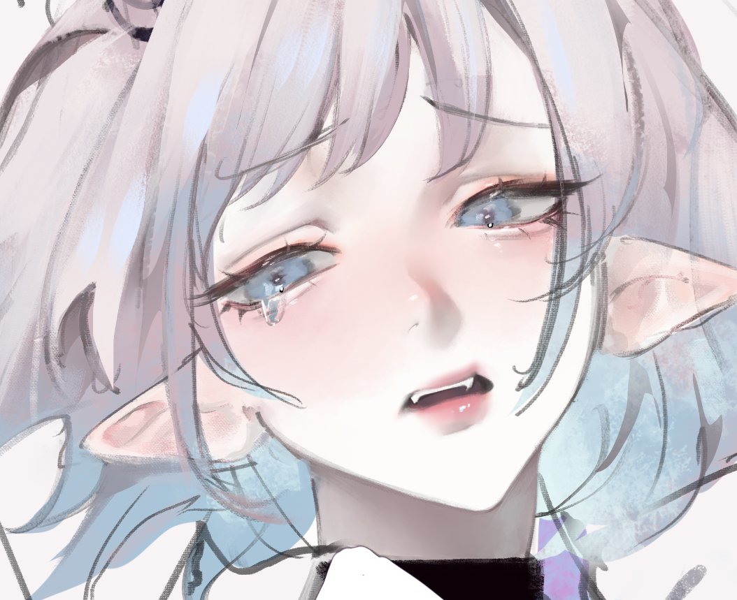 the image is a digital painting or illustration of an animestyle girl.  she has pale skin, long white or lightgrey hair with subtle blue undertones, and pointed elflike ears. her eyes are a light blue and are filled with tears, suggesting sadness or distress.  her expression is one of sorrow, and her mouth is slightly open, revealing small fangs. the art style is soft and ethereal, reminiscent of watercolor painting, with delicate lines and a soft color palette. the overall mood is melancholic and evocative of emotion. the focus is on her face and upper body, creating an intimate and closeup portrait.
