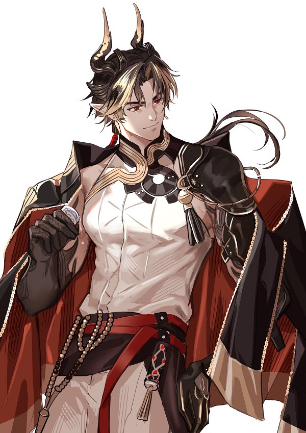 the image showcases a digital illustration of a male character with fantasy and demonlike features. he has short, black hair with blonde streaks, styled with two prominent horns protruding from his head. he wears an intricate outfit combining white, black, and red fabrics with gold embellishments. his attire features a revealing white top, black and red flowing outerwear, and detailed accessories like a choker, armbands, and a beaded waist adornment. he stands confidently, smirking slightly, against a plain white background. the lighting is soft, reminiscent of studio lighting, further highlighting the character's features and intricate details of his attire.