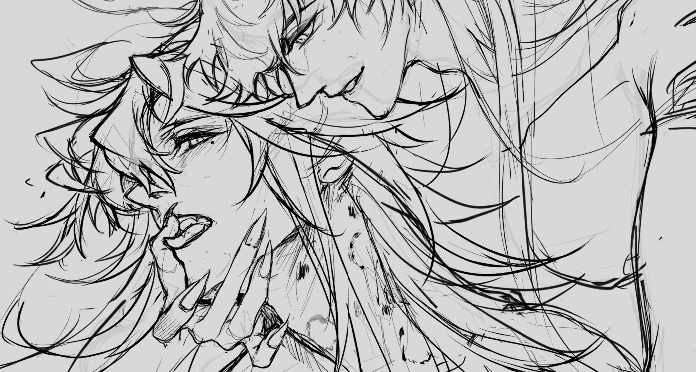 a black and white drawing of two anime characters embracing. the characters are very close to each other, their faces almost touching. the drawing is done in a loose, sketchy style with a lot of detail in the hair and faces. the characters are looking at each other with intense emotions. the drawing is suggestive of a romantic or passionate relationship.