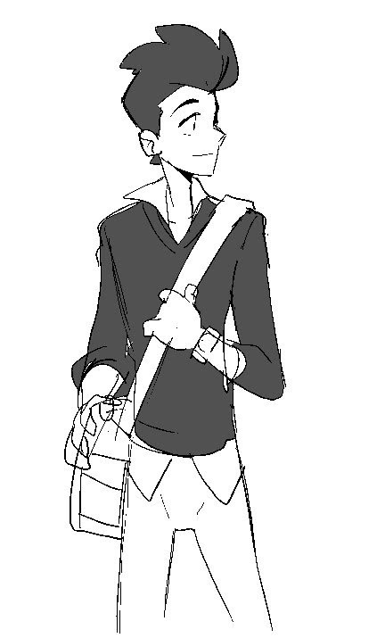 a sketch of a young man with his arms crossed and a bag slung over his shoulder, he's looking off to the side. the image is drawn in a simple, cartoonish style and is in black and white.