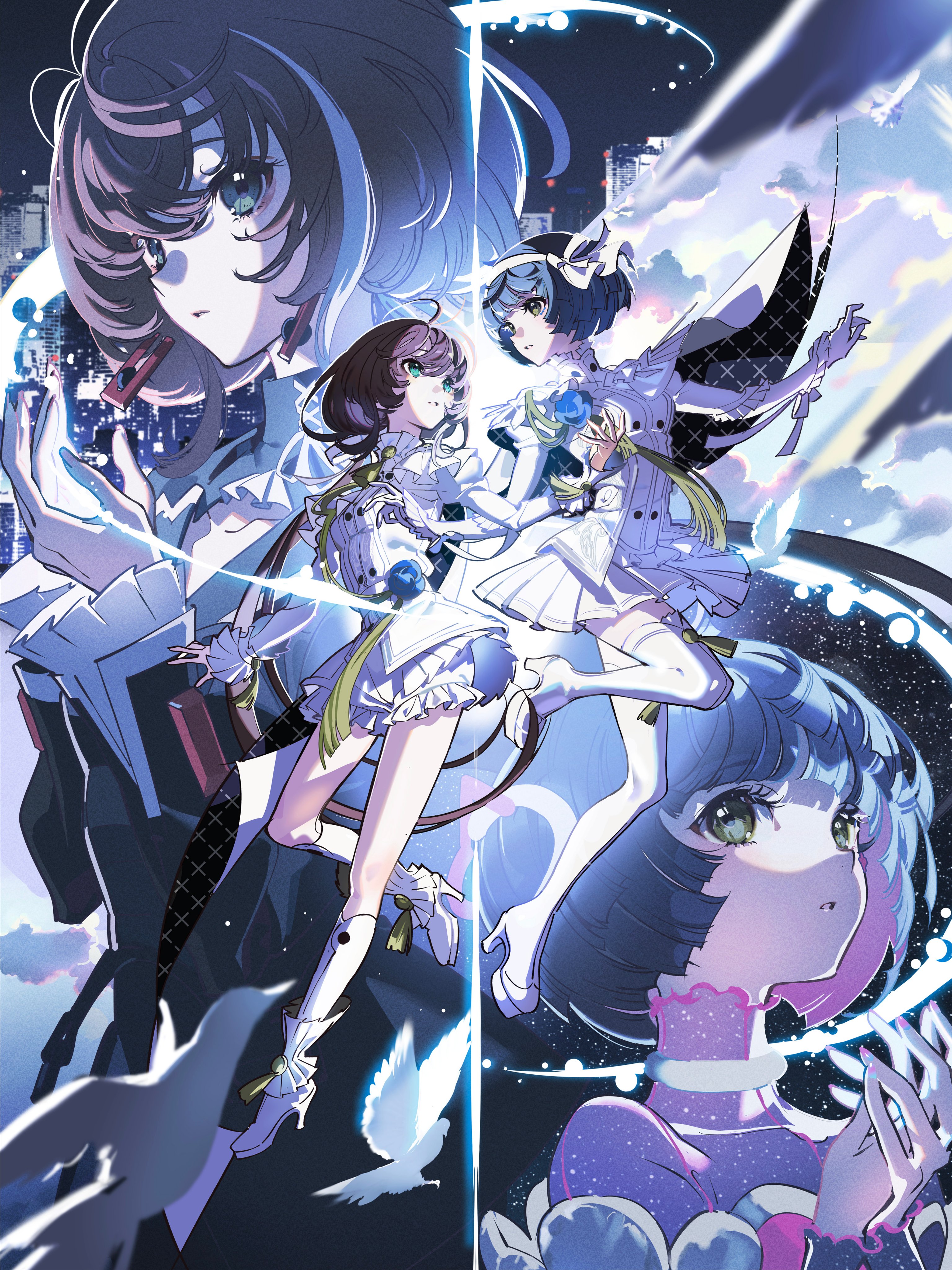 this is an animestyle illustration of three women, likely magical girls based on their outfits. two of them are wearing white dresses with blue accents, one is midtransformation with a more detailed outfit, and the other is posed dynamically against a night cityscape. the third woman is dressed in a blue school uniform and appears more serious. she holds a red pen and is surrounded by white feathers. the overall color scheme is blue and white, with pops of pink and purple.  the art style is typical of anime and manga, with large eyes, flowing hair, and exaggerated features. the image has a dreamy and magical atmosphere.