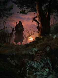 the illustration depicts a scene in a dimly lit forest at sunset. a cloaked figure, reminiscent of the grim reaper, stands silhouetted against the fading light, holding an object that could be an hourglass or a lantern. at his feet, lying prone on the forest floor, is the body of a soldier, seemingly lifeless. the soldier's attire suggests a historical or fantasy setting.  the overall mood is somber and ominous, hinting at themes of death, war, and the supernatural.