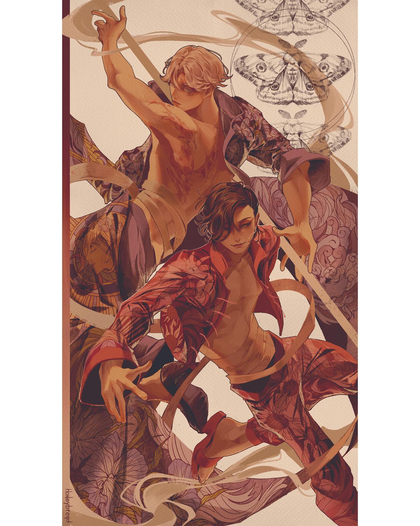 the illustration depicts two young men in dynamic dance poses against an abstract, swirling background. their movements are fluid and graceful, emphasized by the flowing fabric of their garments. the art style is reminiscent of art nouveau, with its emphasis on organic lines and decorative elements. moths and stylized floral patterns enhance the ethereal, slightly mystical atmosphere. the color palette is warm and inviting, further contributing to the overall sense of beauty and grace.