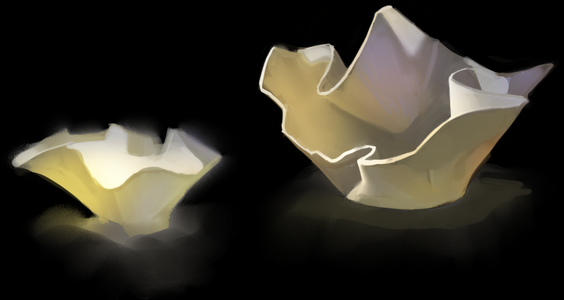two ceramic bowls, one larger than the other, in shades of white and yellow, are shown against a black background. the larger bowl has a more elaborate and ruffled shape, while the smaller bowl is more simple. the bowls appear to be handmade, with a rough, textured surface.