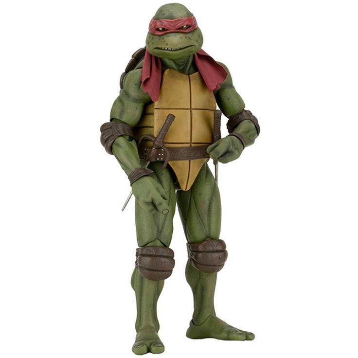 this is a photo of a teenage mutant ninja turtles leonardo action figure. the figure is standing on a white background, and it is wearing a red bandana, a brown belt, and a yellow shell. he is holding two katanas in his hands. the figure has a green body and brown limbs.