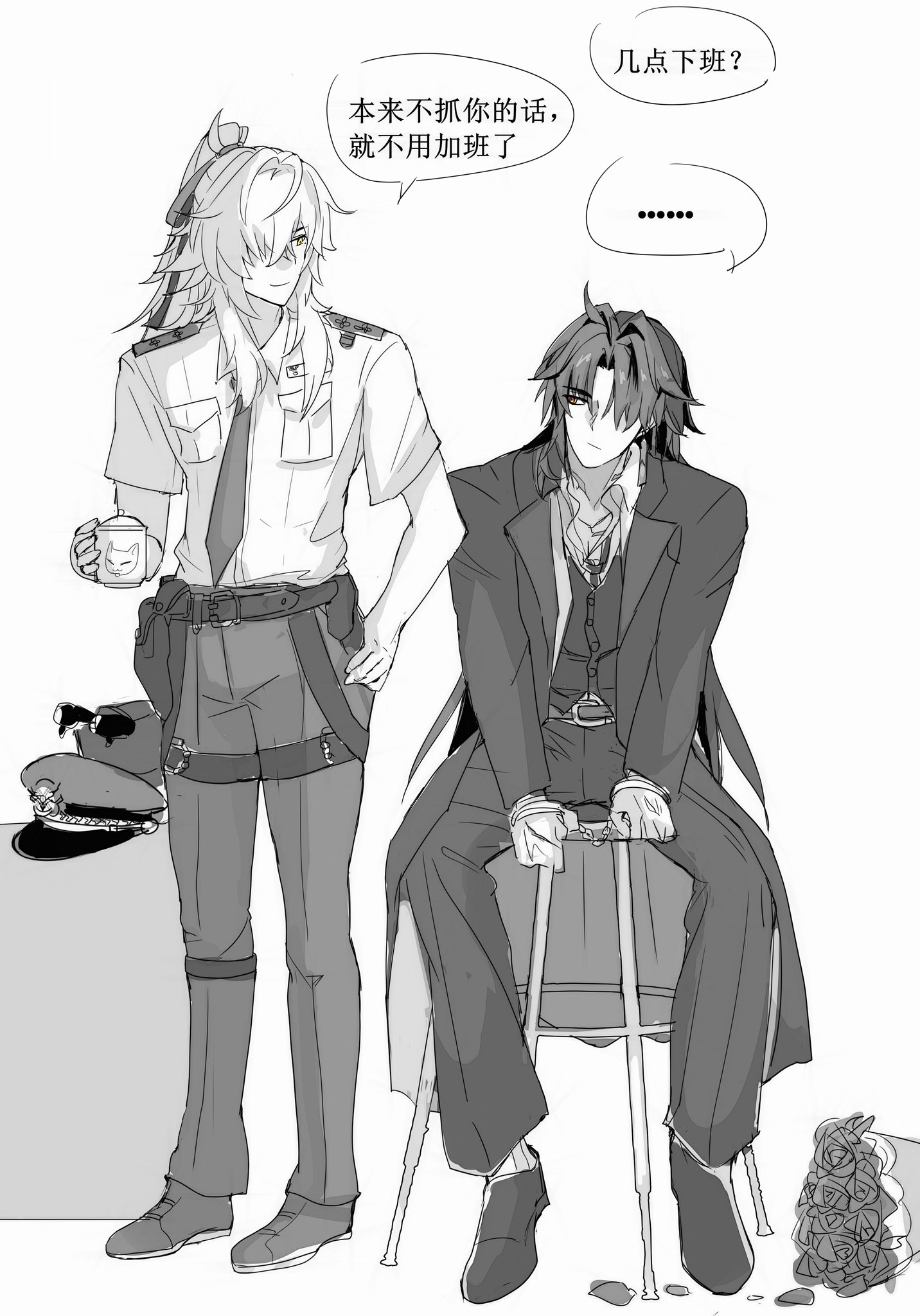 the image shows a scene from a manga or anime comic. two men are interacting, one in a suit sitting and the other in a police uniform standing. they are speaking to each other and there is dialogue in the image. it is black and white.