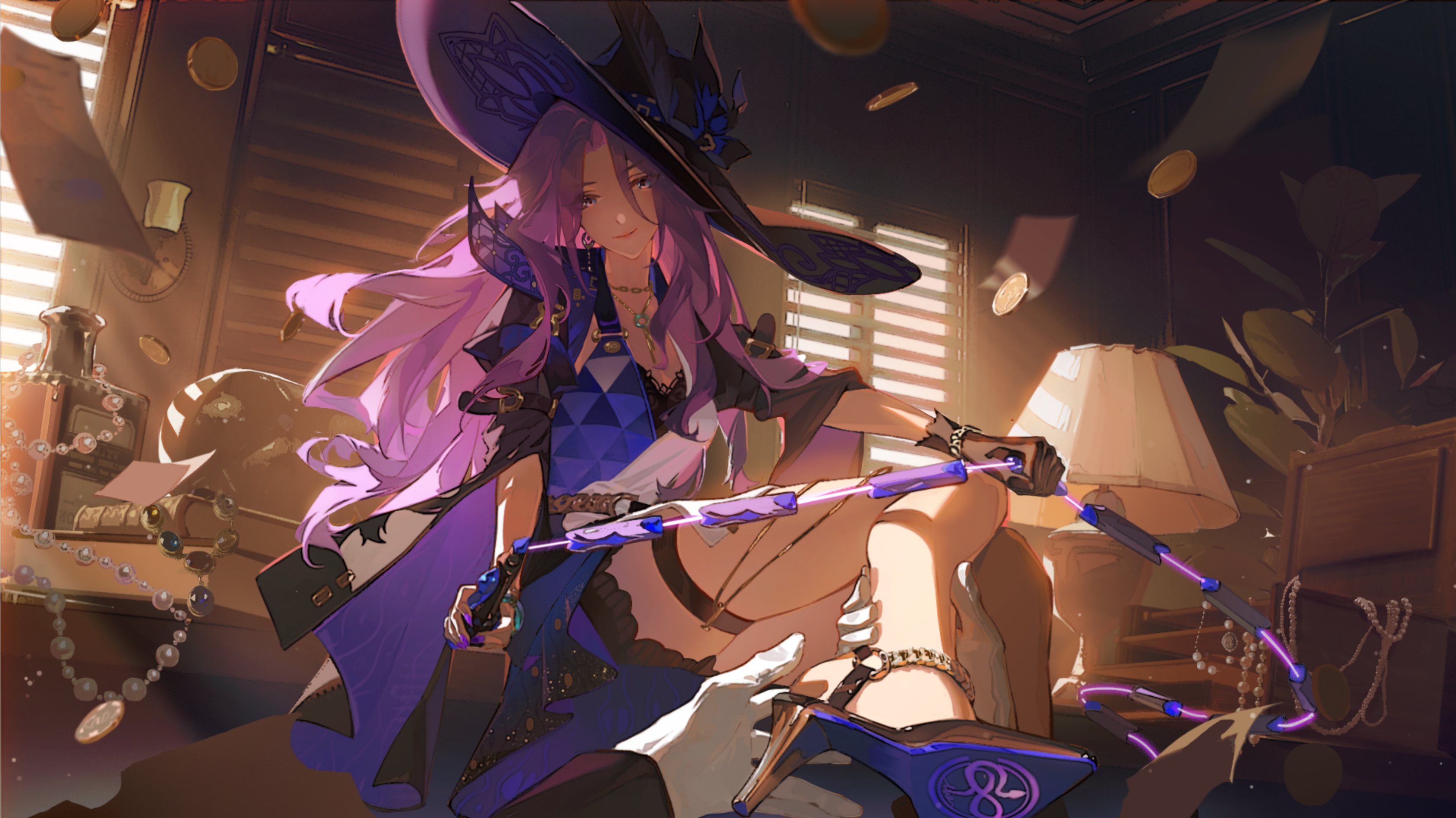 a sorceress with flowing purple hair and a widebrimmed hat sits seductively in a luxuriously appointed room bathed in the warm glow of sunset. she holds a glowing whip in one hand, its end trailing towards a spellbook held by an unseen person. coins float in the air, hinting at her wealth and power. the scene suggests an air of magic, enchantment, and perhaps a touch of danger.