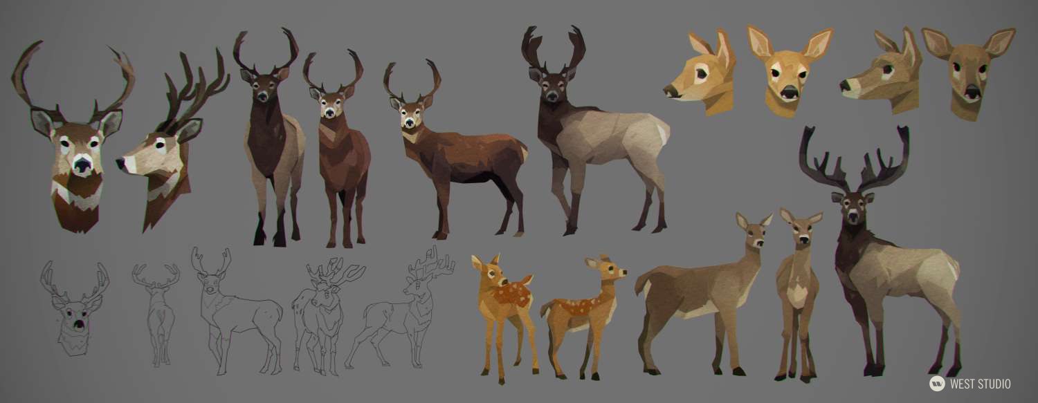 a series of drawings and concept art of deer, including bucks, does, and fawns, in various poses and from different angles, rendered in a lowpoly art style. the color palette consists primarily of browns and grays, reflecting the natural coloration of deer. line art sketches are included alongside more finished colored illustrations.