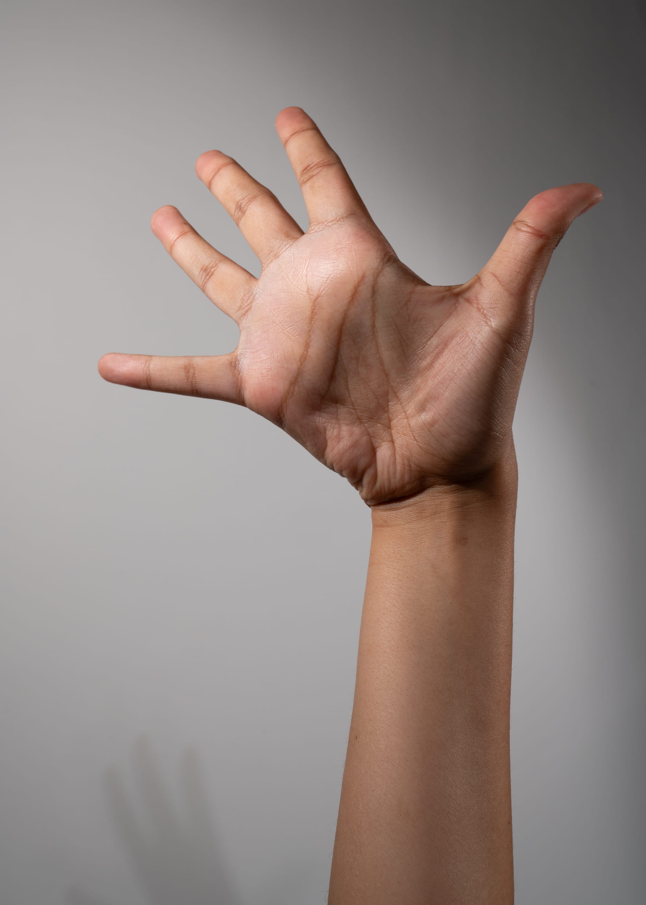 a hand is extended with the palm facing forward, displaying an open hand with all five fingers spread apart. the lighting is soft, highlighting the texture of the skin and creating subtle shadows on the wall. the image is a closeup shot, focusing solely on the hand and arm against a neutral gray background.