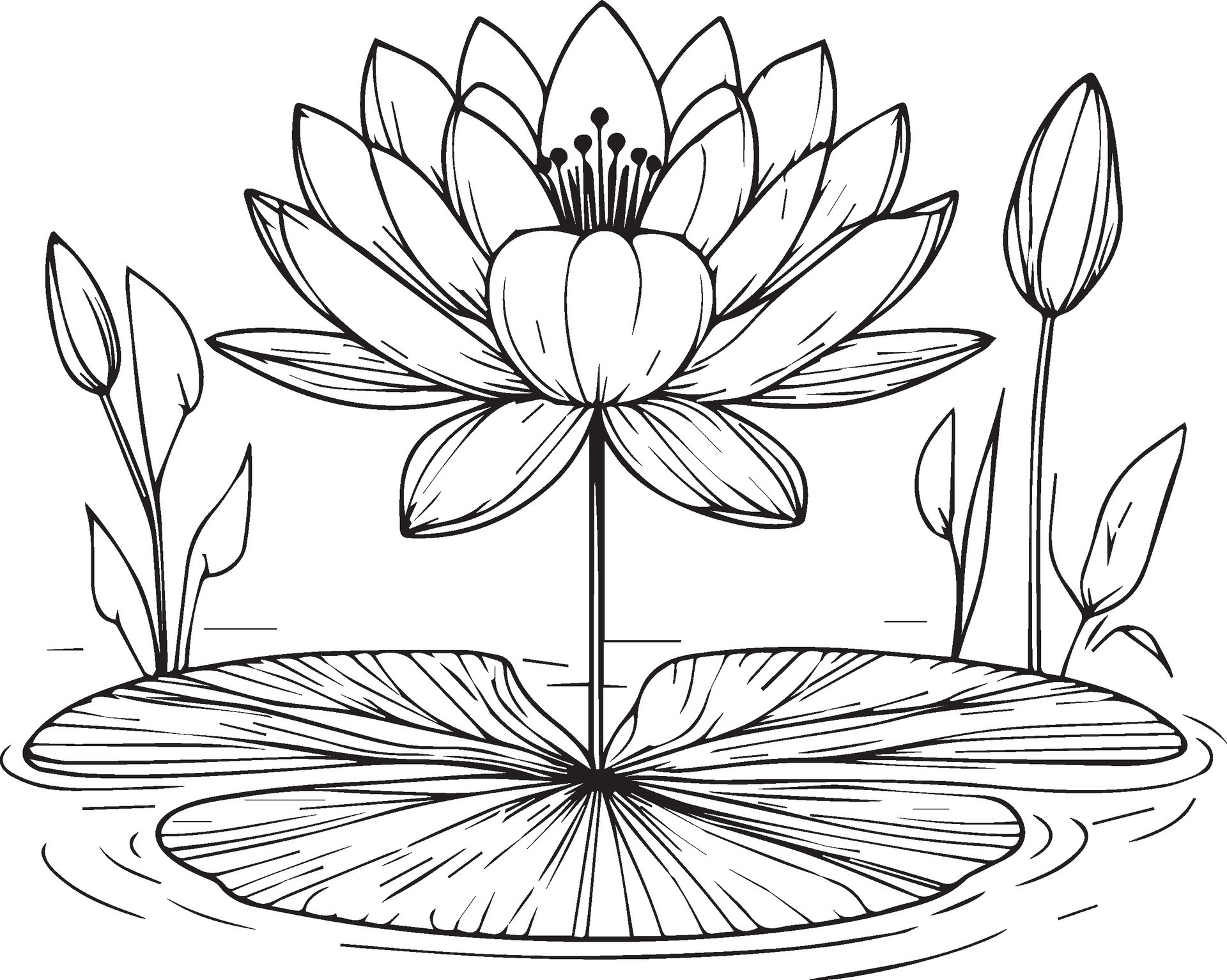 the image is a black and white line art illustration of a lotus flower. the lotus has a large, open bloom with many petals and a prominent center. the flower is on a long stem that rises out of the water. two large leaves float on the surface of the water. there are several unopened lotus buds and leaves in the background.