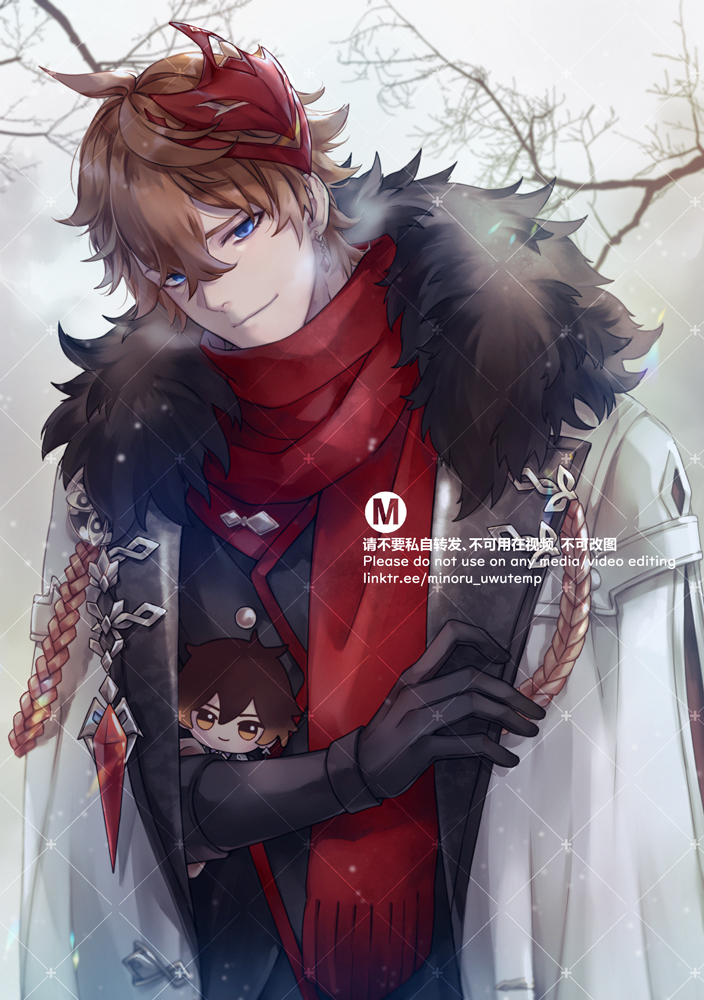 the image depicts a handsome anime character, with brown hair and red eyes, standing in the snowy outdoors. he's wearing a red scarf, black gloves and a white furlined coat, along with a red and gold garment tied around his waist. the image is set in a winter wonderland with snowflakes falling softly around him. he's also holding a small, cute doll with red eyes, dark hair, and wearing a pink dress. the image has a charming and festive atmosphere.