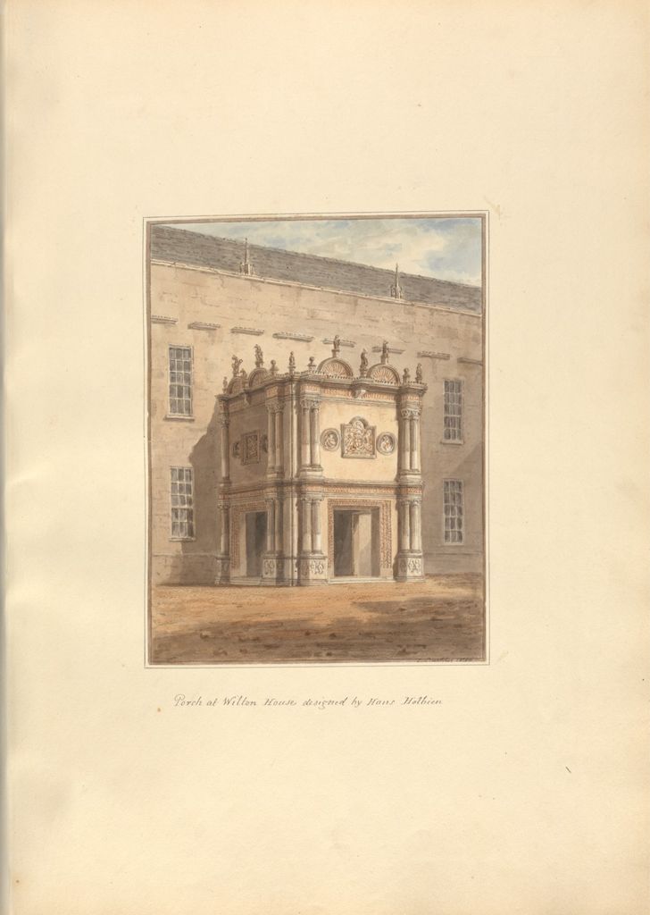the image is a drawing of a building with a prominent porch. the building's facade is lightcolored, possibly stone or a lightcolored brick, with several windows evenly spaced. the porch is an elaborate structure with pillars, decorative carvings, and ornamentation. it appears to be a covered entrance or entryway. the drawing captures the play of light and shadow on the building and porch, giving it depth and dimension. the sky is visible in the background, with a hint of blue. the artwork is contained within a rectangular frame.
