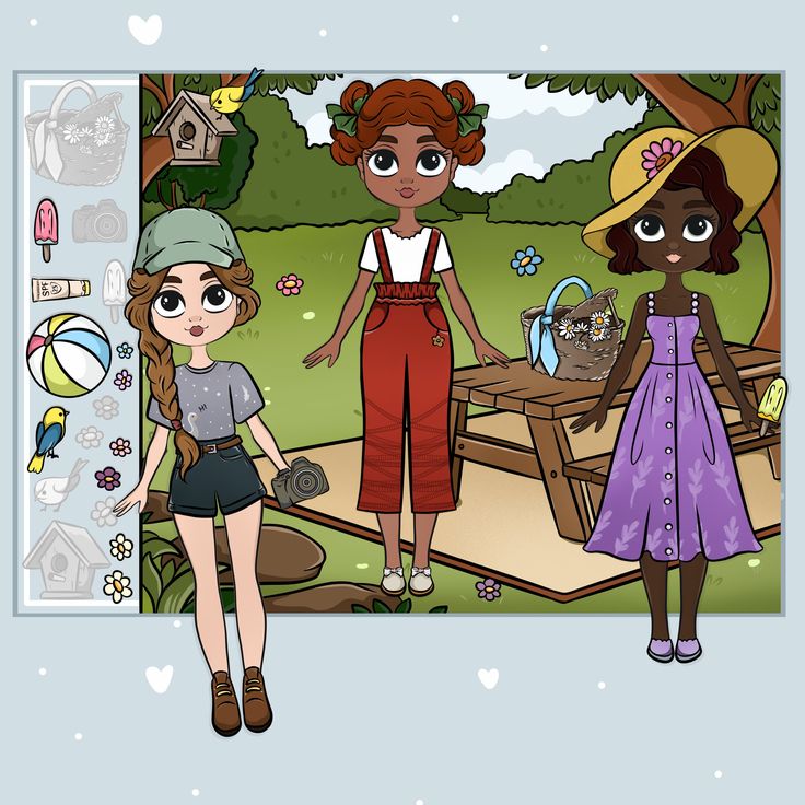 the image shows three cartoon girls at a picnic in a park. the girl on the left is wearing shorts, a tshirt, a cap, and shoes. she is also holding a camera. the girl in the middle is wearing an overall and shoes. the girl on the right is wearing a dress, a hat, and shoes. there is a picnic table in the background with a basket of flowers and a popsicle on it. there are also trees, birdhouse, flowers, and a beach ball. there are camera and other objects in the upperleft corner of the image.