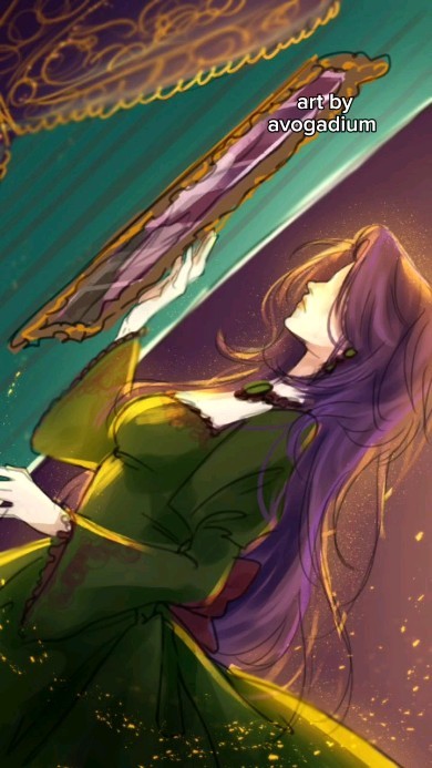 the image shows a woman in a long, flowing green dress. she has long, flowing purple hair and is holding an ornate gold frame. the background is dark, with a green and gold pattern. the lighting is dramatic, coming from the left side of the image. the overall effect is one of mystery and beauty.
