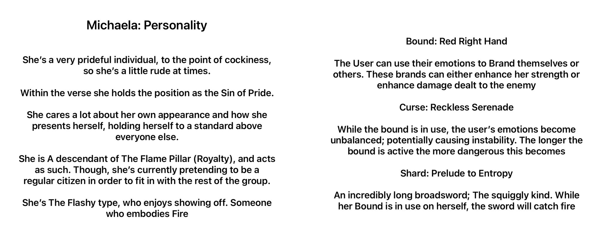 the image contains text descriptions of a character named michaela, covering her personality traits, background, abilities, and weapon.