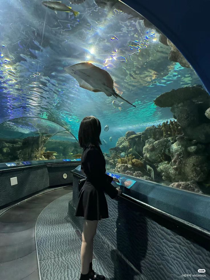 a young woman in a black dress stands looking at a large aquarium tunnel. the tunnel is curved and filled with various fish, including a large stingray. the water is clear and the sun shines through. the floor is dark, and the overall atmosphere is serene and mysterious. the woman's back is to the camera and she appears to be admiring the marine life.