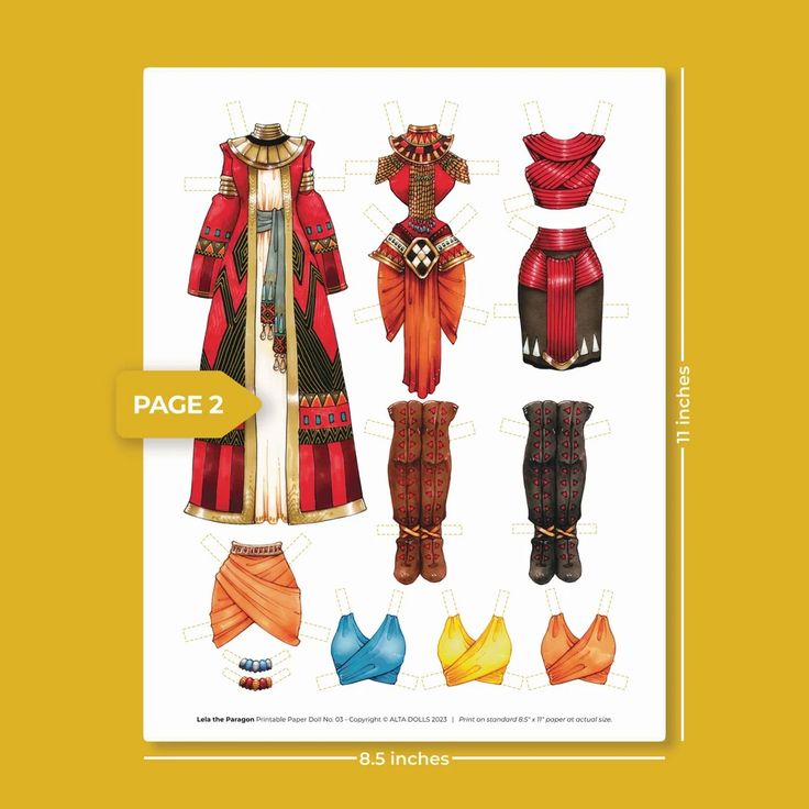 the image shows a printable sheet of paper doll cutouts, featuring a variety of ancientstyle clothing and accessories. the designs include a red robe, an orange dress, brown boots, and bikini tops, along with other decorative items. the text indicates it is a printable paper doll from alta dolls, specifically "lela the paragon," and notes the page number as "page 2". the dimensions "8.5 inches" and "11 inches" are indicated on the sides.