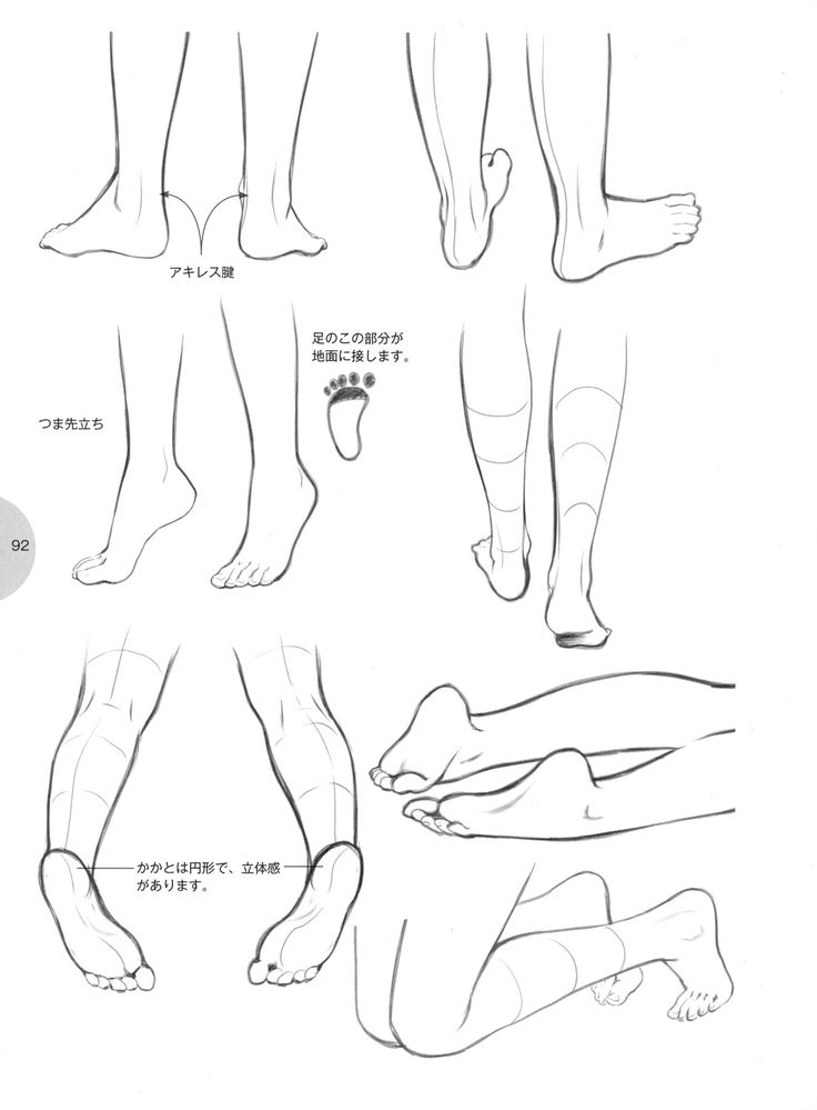 the image is a page from a drawing guide, specifically focusing on drawing feet and legs in various poses. it features several sketches of feet and lower legs from different angles and positions.  there are also some japanese annotations pointing out key anatomical features and how they relate to drawing the forms accurately.