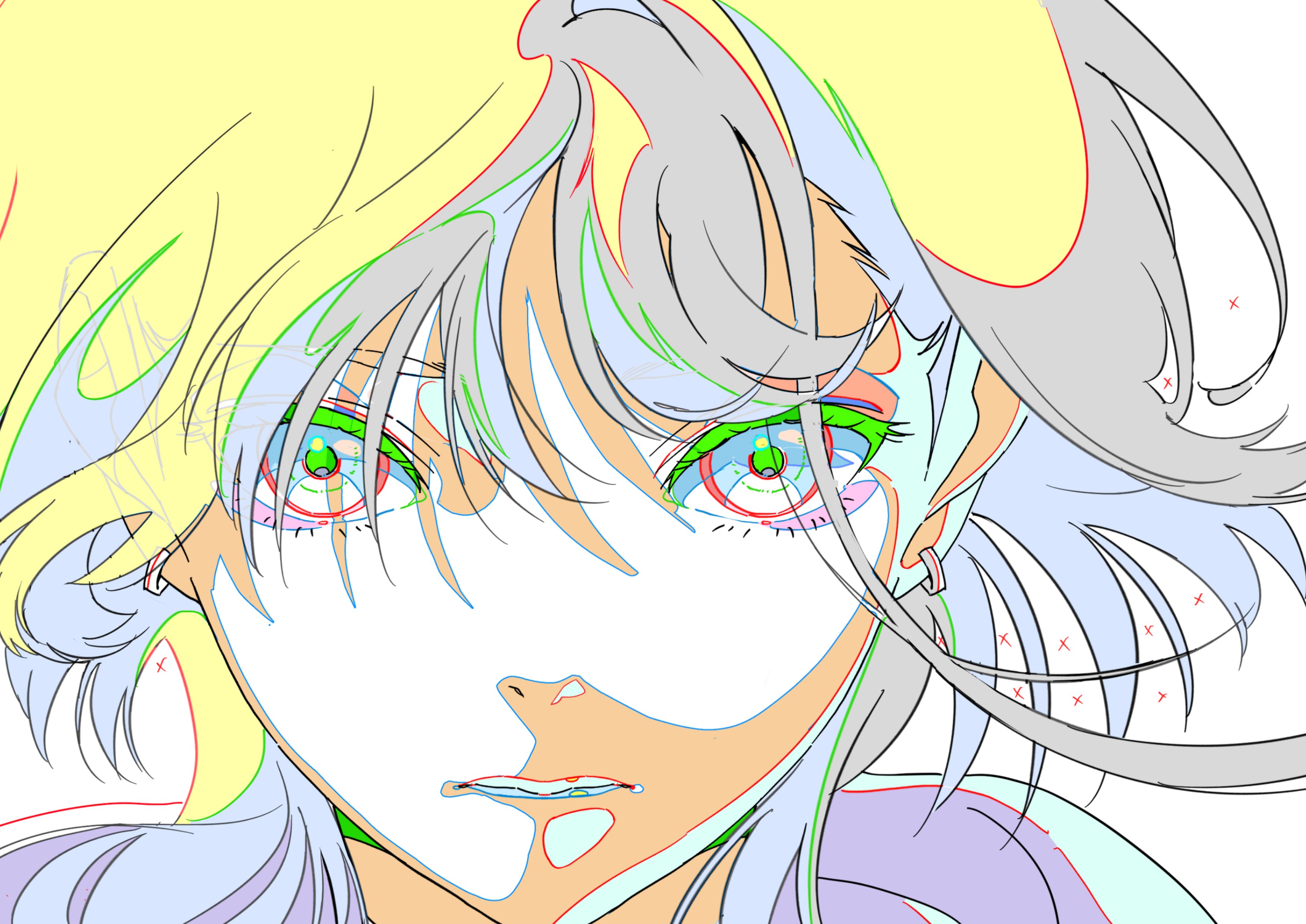 this image is a closeup animestyle line art sketch or drawing of a girl's face. the lines are colored, indicating different layers or elements of the drawing process. her hair is a mix of blonde, grey, and light blue, and her eyes are bright green. she has a determined expression on her face.