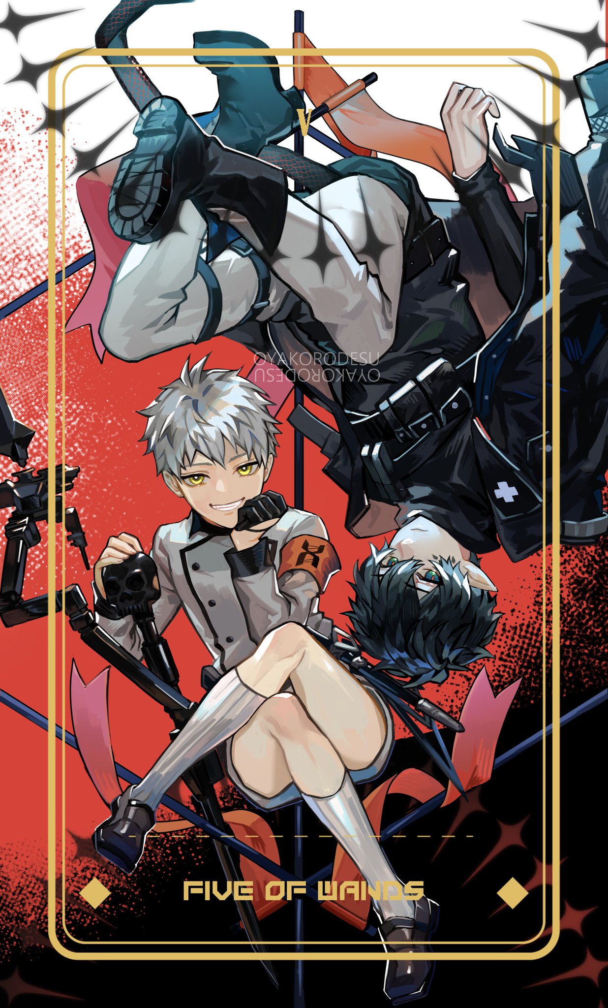 this is a digital artwork illustration of two anime characters. the card on which they are featured is called "five of wands". the characters are a boy and a girl in a fantasy world with swords, wands, and a bright red background. they look like characters from a card game or a video game.