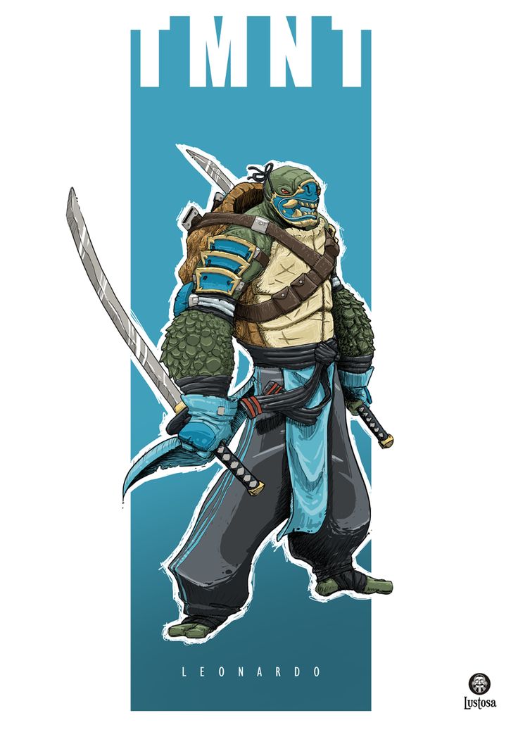 this is a digital illustration of leonardo from the teenage mutant ninja turtles (tmnt) comic book series. he's drawn in an anime style, with his iconic blue mask, bandana, and swords. he's  in a fighting pose, with one sword in each hand.  the background is a solid blue and has "tmnt" and "leonardo" written in white letters at the top and bottom respectively. there is also a small logo at the bottom right corner.