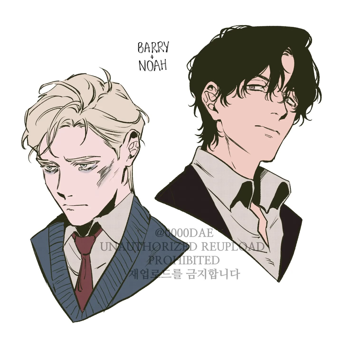 the image is fanart depicting two male characters, labeled "barry" and "noah," likely from a manhwa or webtoon.  it's a closeup style illustration with both characters having distinct looks. barry has blond hair and appears to have a bruised face, his expression is gentle and somewhat melancholic. he's dressed in what looks like a school uniform with a tie.  noah, with dark hair, wears a suit and has a more serious, composed expression.  the artist's watermark, "@000dae," and a notice about unauthorized uploads are visible. the style is reminiscent of korean manhwa or webtoon art.