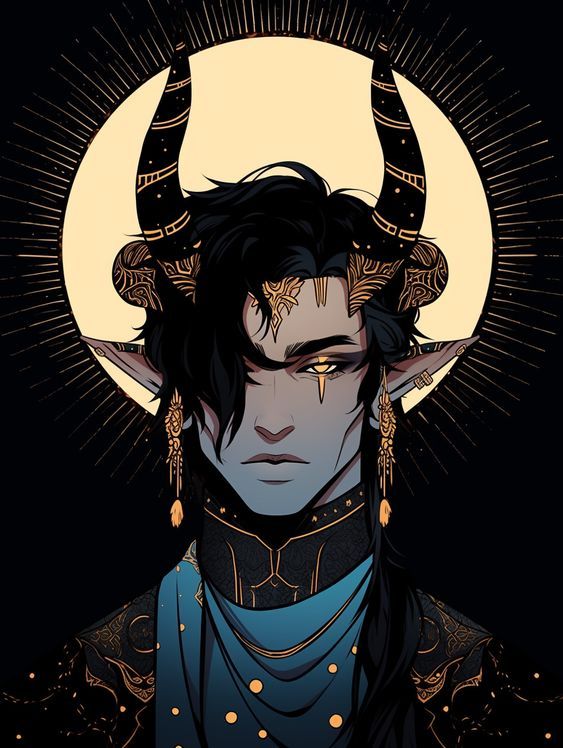 this is a digital illustration of a male demon. the demon is depicted as a handsome man with blue skin, black horns, and gold eyes. he is wearing intricate gold jewelry and clothing with a blue scarf. the demon is surrounded by a golden halo, which gives the impression that he is powerful and otherworldly. the overall style of the artwork is dark and elegant.